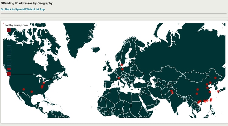 Map of locations for offending IP addresses