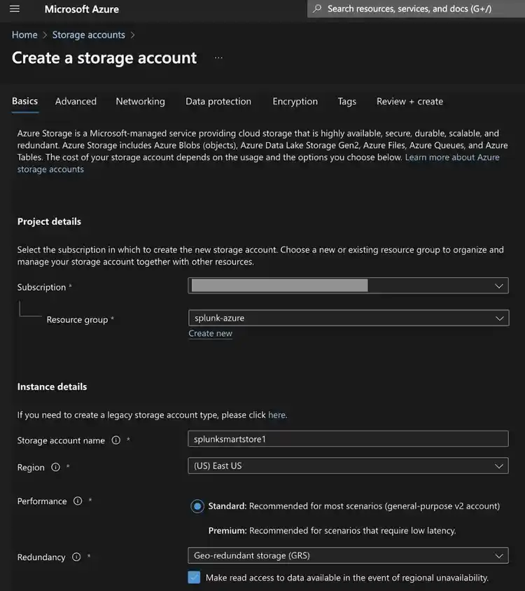 Creating a Microsoft Azure Storage Account
