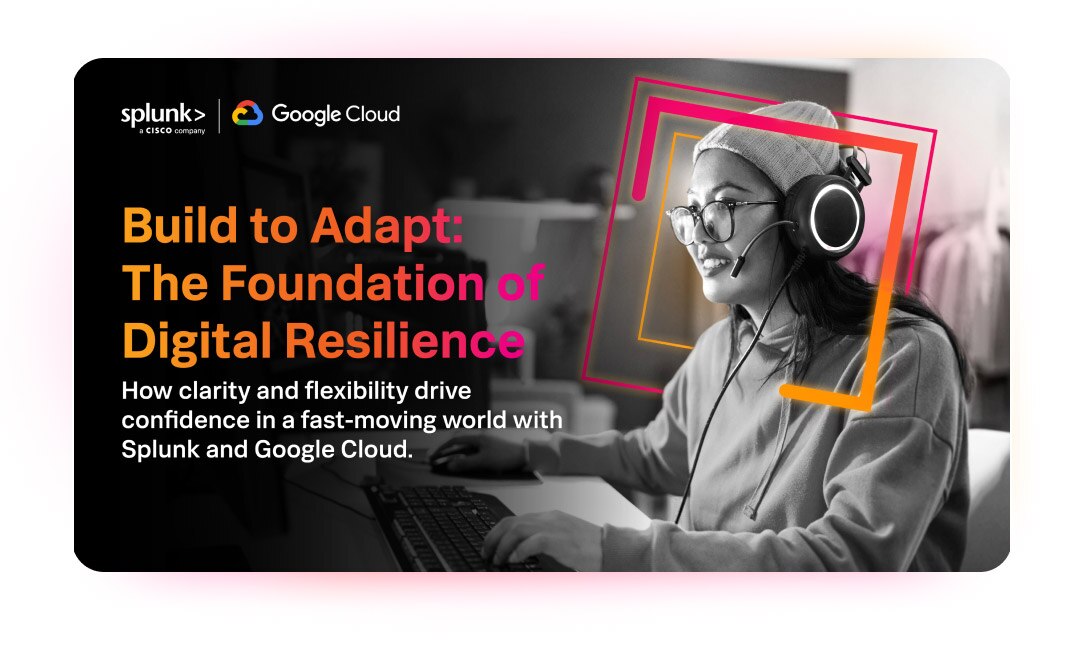 An exterior view of an office building at night, showing multiple people working inside through illuminated windows, with abstract pink and orange lines overlaid on the image.