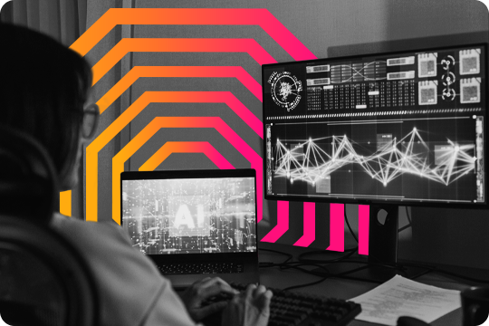 Professional reading a computer monitor with programs and charts